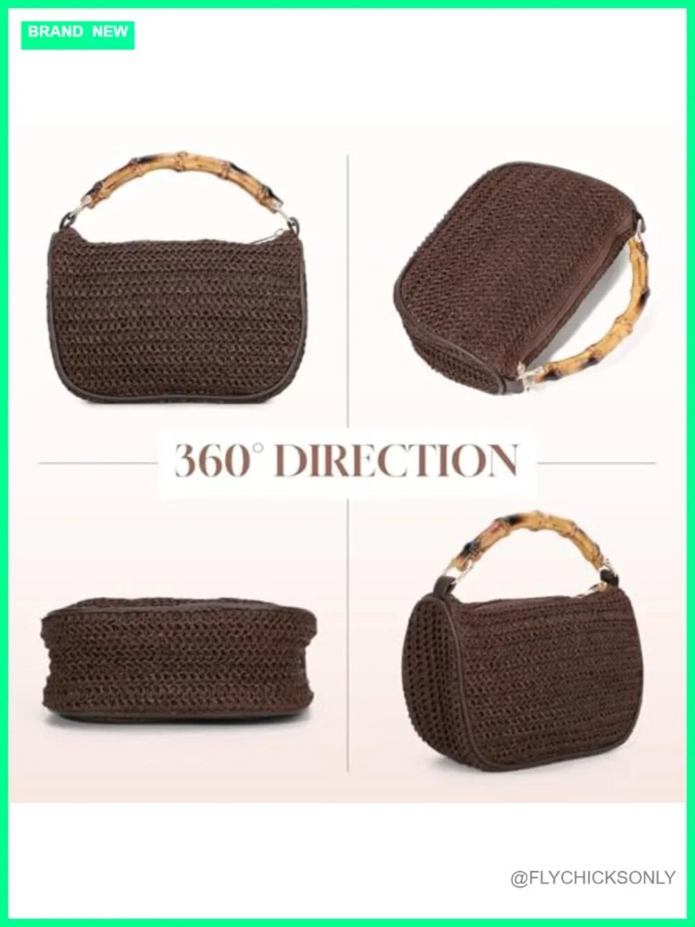 Natural Straw Woven Hobo Clutch with Imitation Bamboo Handle - Picture 2 of 6